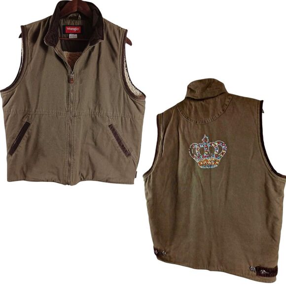 Wrangler Sherpa Line M Green Canvas Vest Corduroy Collar Crown Rhinestone Back - Picture 2 of 10